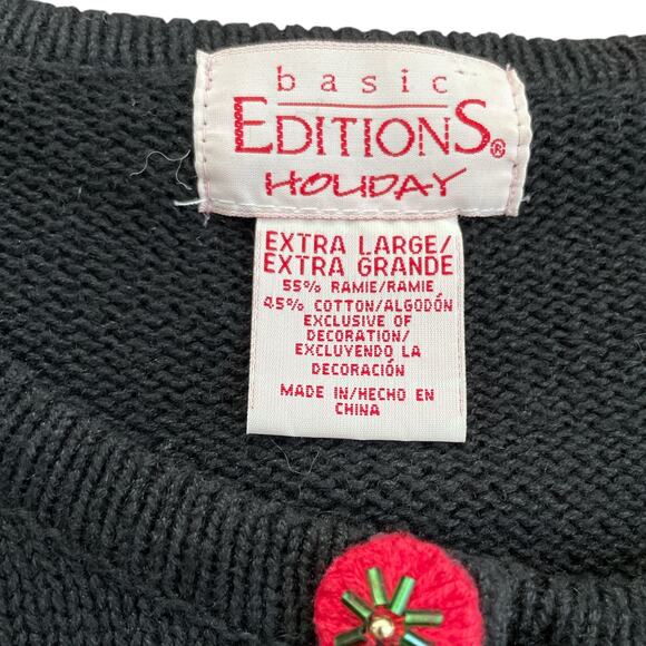 Basic Editions Christmas Cardigan Sweater Black Festive Tree Embroidered XL - Picture 6 of 9